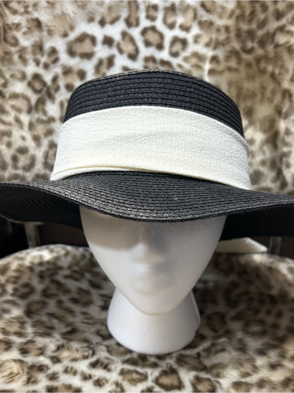 Women’s black raffia straw hat with a cream ribbon,embellished bow detail. NWOT - Picture 3 of 10